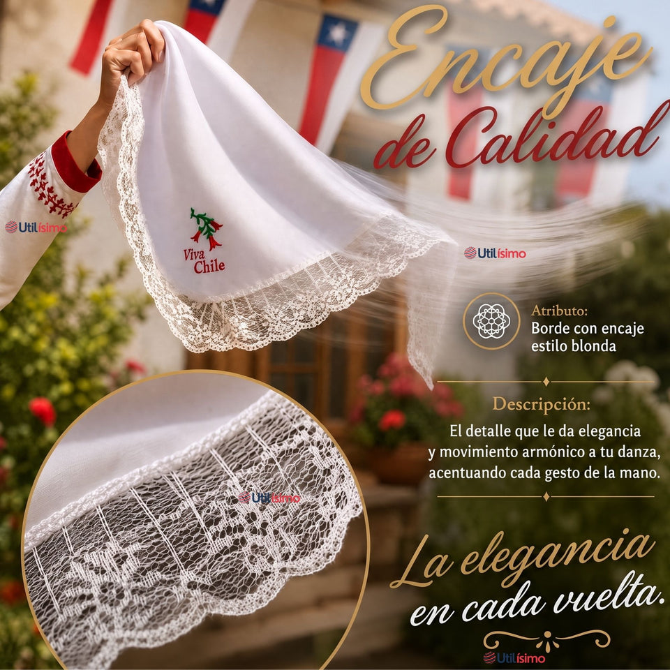 Pack 3 Pañuelos Cueca Bordado Viva Chile Con Encaje 37x37cm