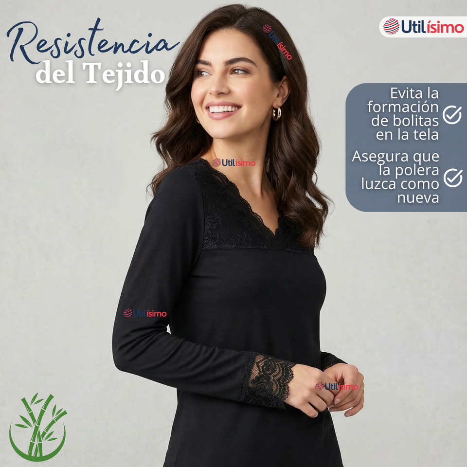 Pack 6 Camisetas Poleras Bambú Cuello V Manga Larga Con Encaje Colores Surtidos Mujer