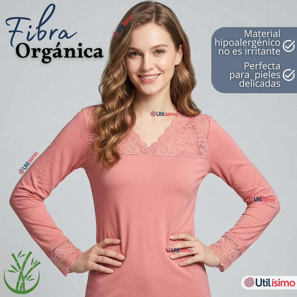 Pack 6 Camisetas Poleras Bambú Cuello V Manga Larga Con Encaje Colores Surtidos Mujer