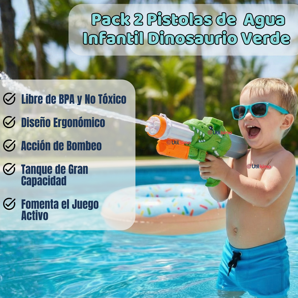 Pack 2 Pistolas Lanza Agua Dinosaurio Color Verde Juguete 40cm Niño