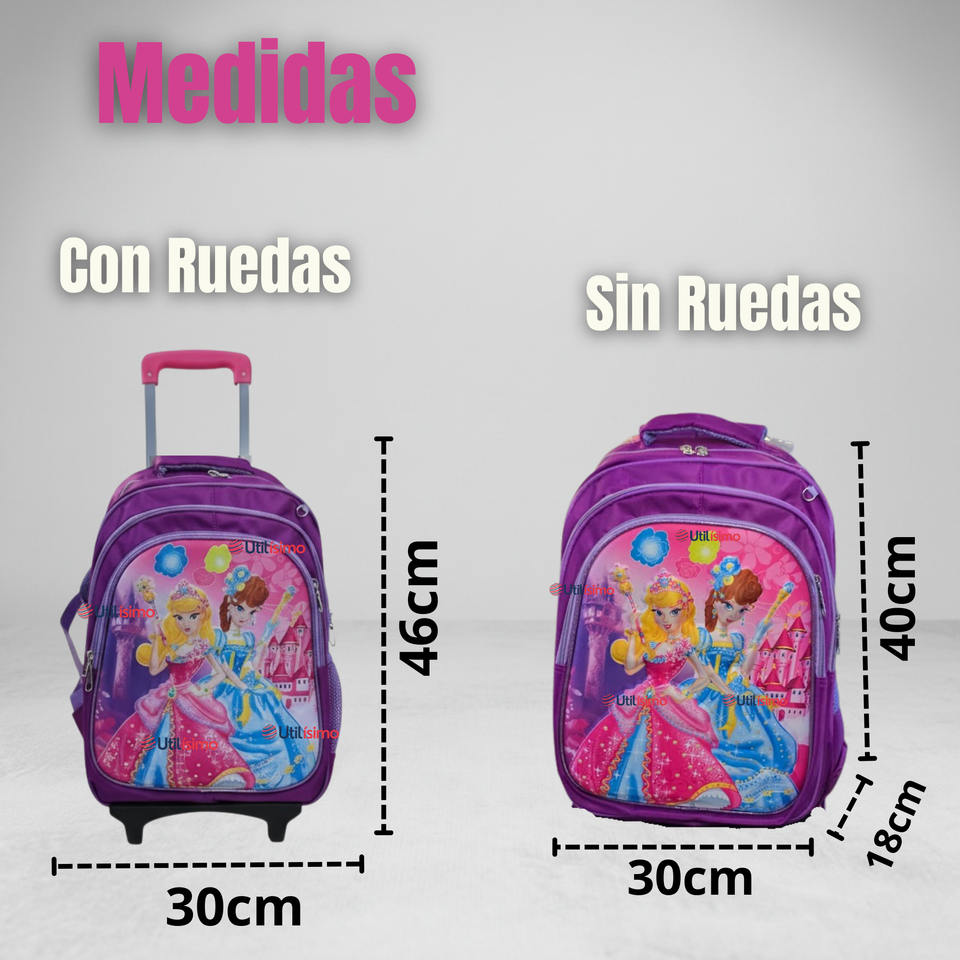 Mochila Escolar Con Ruedas + Estuche + Lonchera Poliéster Princesas Niña