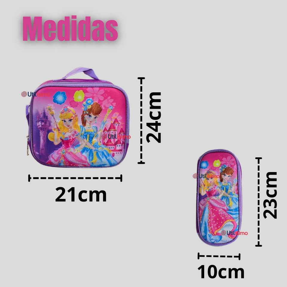 Mochila Escolar Con Ruedas + Estuche + Lonchera Poliéster Princesas Niña
