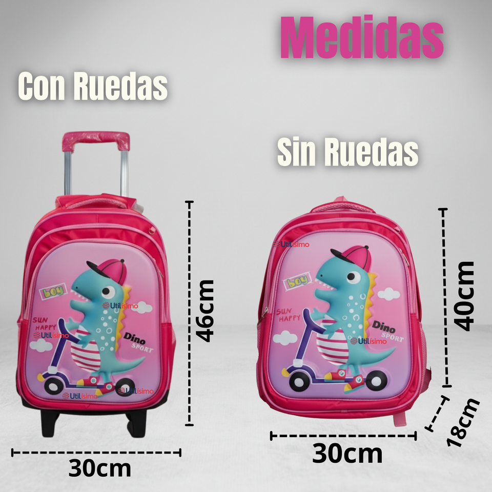 Mochila Escolar Con Ruedas + Estuche + Lonchera Poliéster Niña