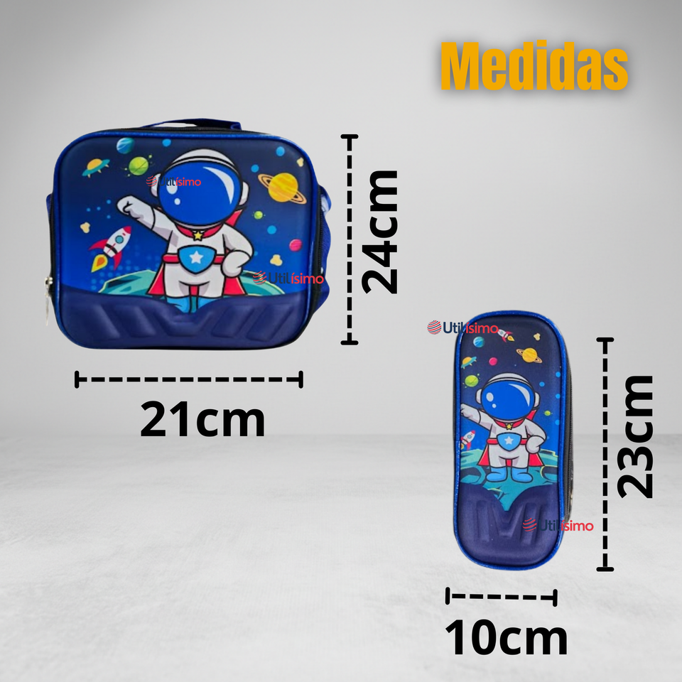 Mochila Escolar Con Ruedas + Estuche + Lonchera Poliéster Astronauta Niño