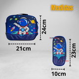 Mochila Escolar Con Ruedas + Estuche + Lonchera Poliéster Astronauta Niño