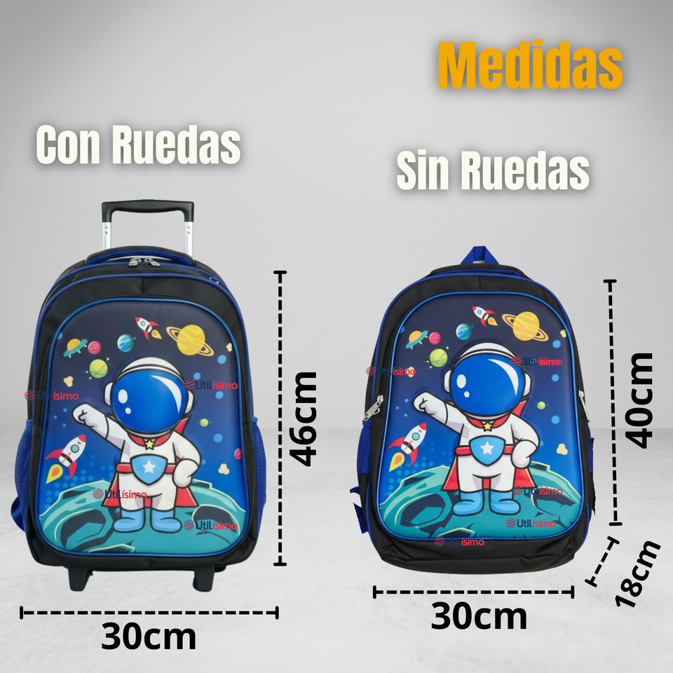 Mochila Escolar Con Ruedas + Estuche + Lonchera Poliéster Astronauta Niño