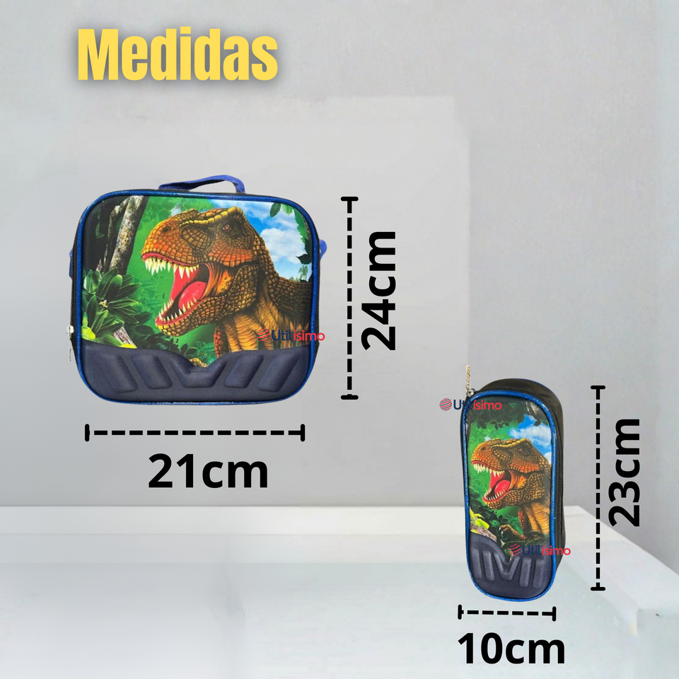 Mochila Escolar Con Ruedas + Estuche + Lonchera Poliéster Dinosaurio Niño