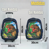 Mochila Escolar Con Ruedas + Estuche + Lonchera Poliéster Dinosaurio Niño