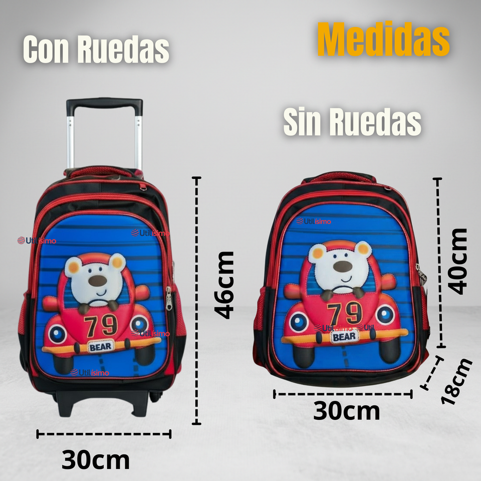 Mochila Escolar Con Ruedas + Estuche + Lonchera Poliéster Oso Niño