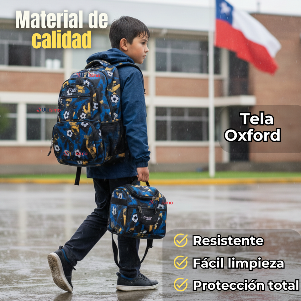 Mochila Escolar Kit Con Estuche y Lonchera 45cm Tela Oxford Futbol Niño