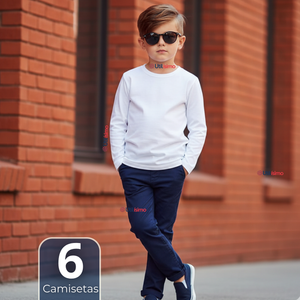 Pack 6 Camisetas Algodón Manga Larga Polera Primera Capa Blanco Niño