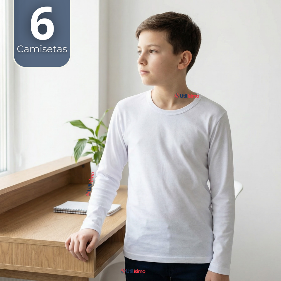 Pack 6 Camisetas Algodón Manga Larga Polera Primera Capa Blanco Niño