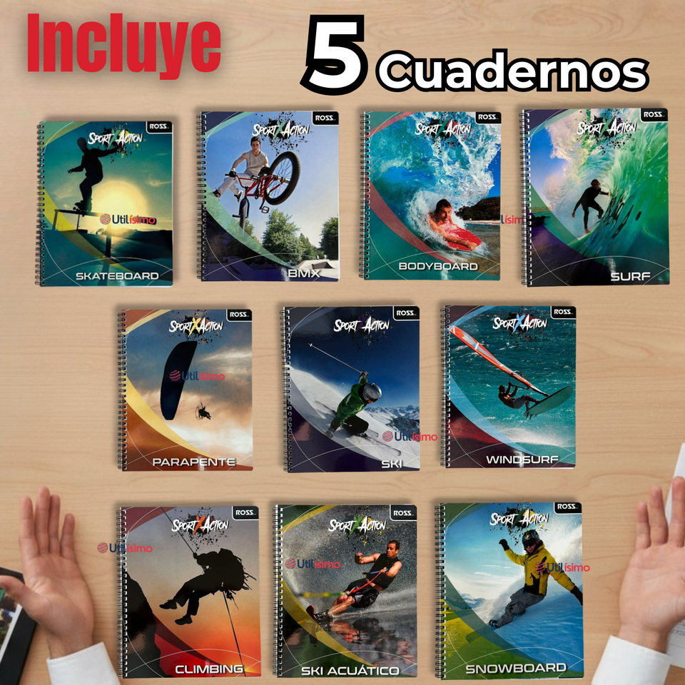 Pack 5 Cuadernos Universitario SportX Action Ross 7mm 100 hojas Diseños Surtidos