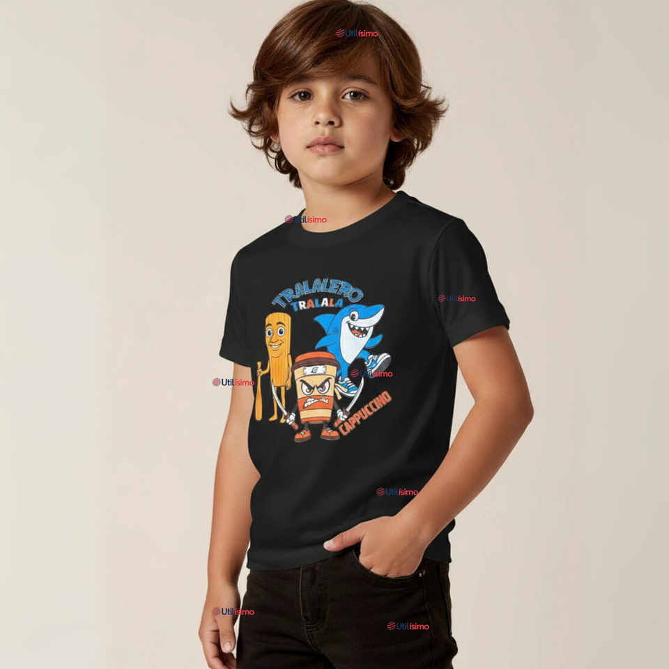 Polera Brainrots 100% Algodón Manga Corta Niño Tralalero Negro