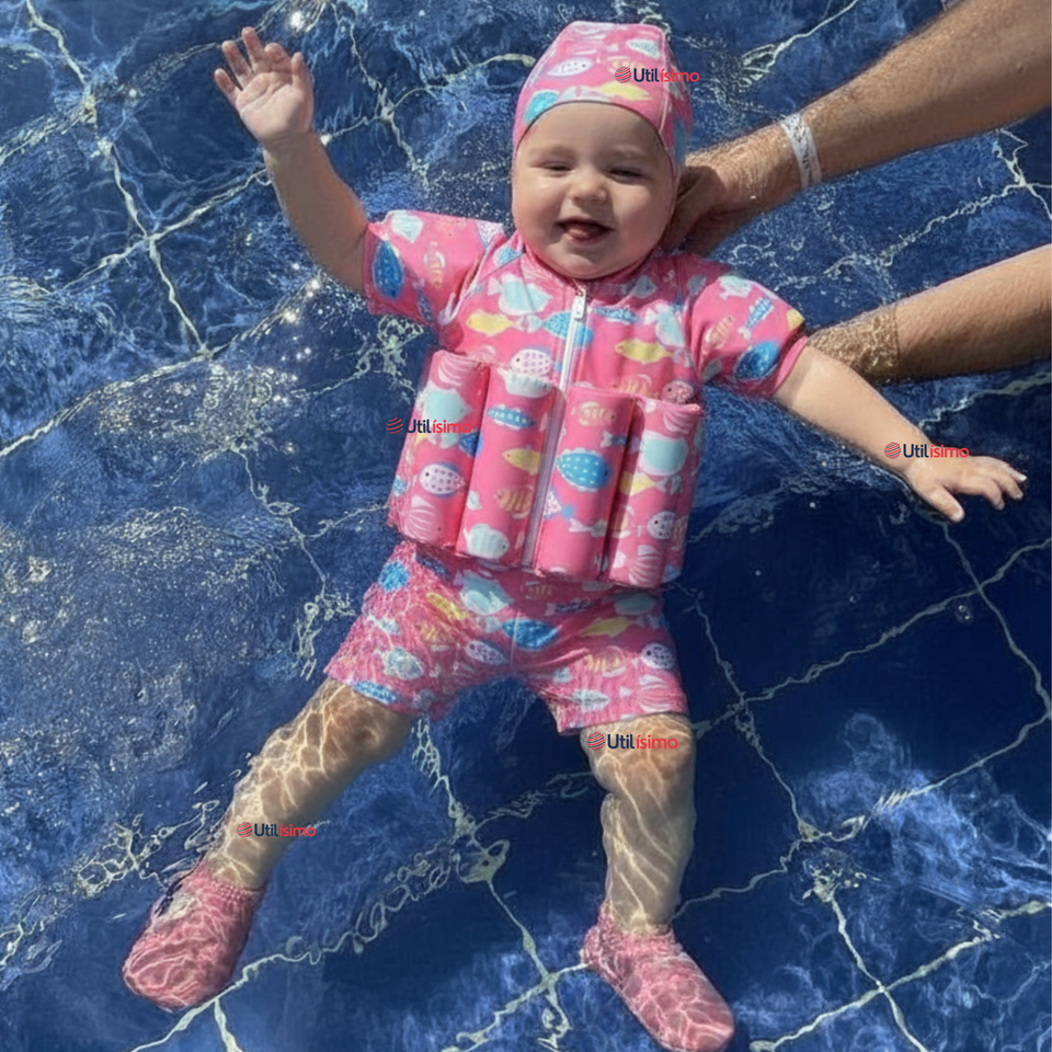 Traje de Baño Flotador Enterito Con Gorro Niña 2 Piezas 9 a 36 Meses Pink Sea