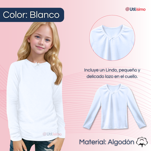Camiseta Algodón Manga Larga Polera Niña Primera Capa Cuello Redondo Blanca