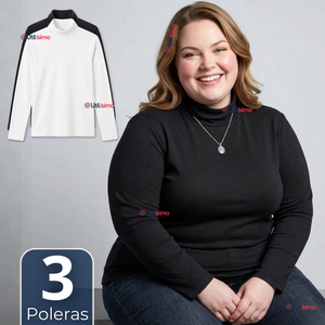 Pack 3 Camisetas Poleras Bambú Primera Capa Cuello Beatle Manga Larga Blanco Negro Mujer