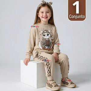 Conjunto 2 Piezas Polerón y Buzo 100% Algodón Tedmimak Niña Cat animal Print