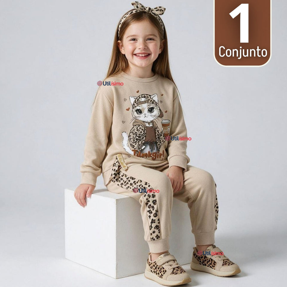 Conjunto 2 Piezas Polerón y Buzo 100% Algodón Tedmimak Niña Cat animal Print