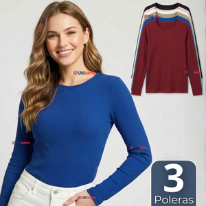 Pack 3 Camisetas Poleras Polar Primera Capa Acanalada Reductora Manga Larga Colores Surtidos Mujer
