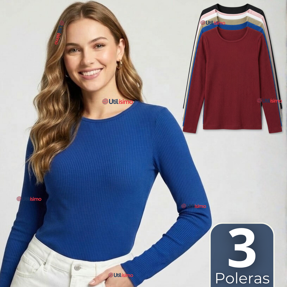 Pack 3 Camisetas Poleras Polar Primera Capa Acanalada Reductora Manga Larga Colores Surtidos Mujer
