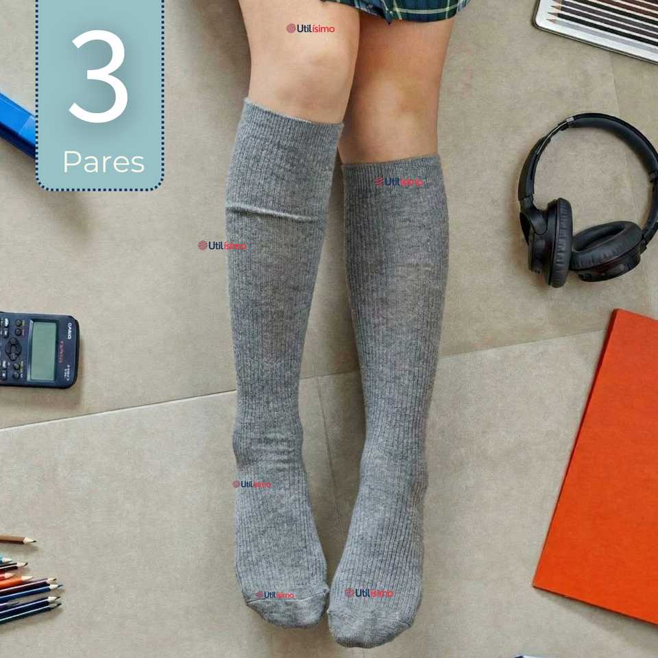 Pack 3 Calcetínes Escolares Largo Bambú Gris Niñas