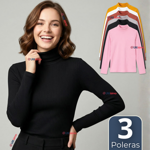 Pack 3 Camisetas Poleras Polar Primera Capa Acanalada Cuello Beatle Manga Larga Colores Surtidos Mujer