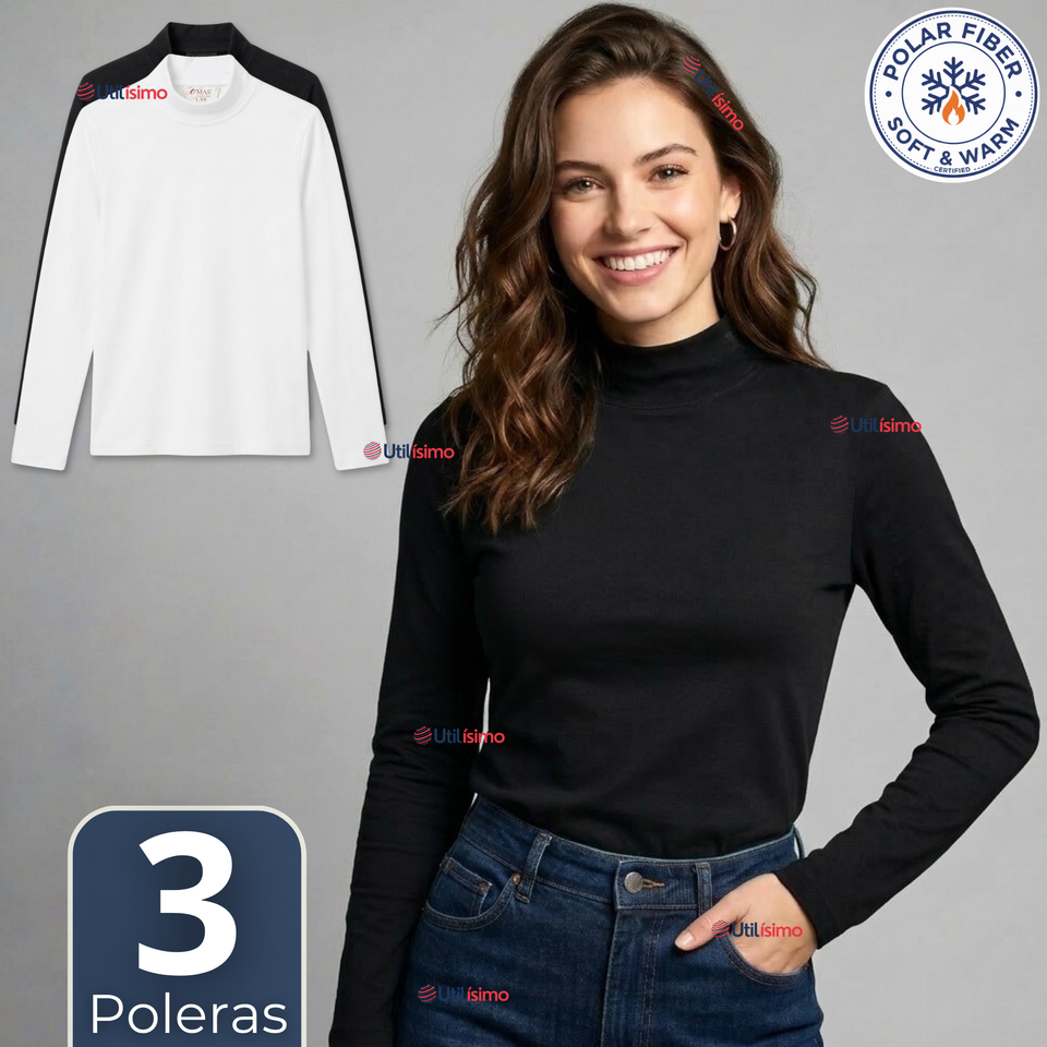 Pack 3 Camisetas Poleras Polar Primera Capa Cuello Beatle Manga Larga Blanco Negro Mujer