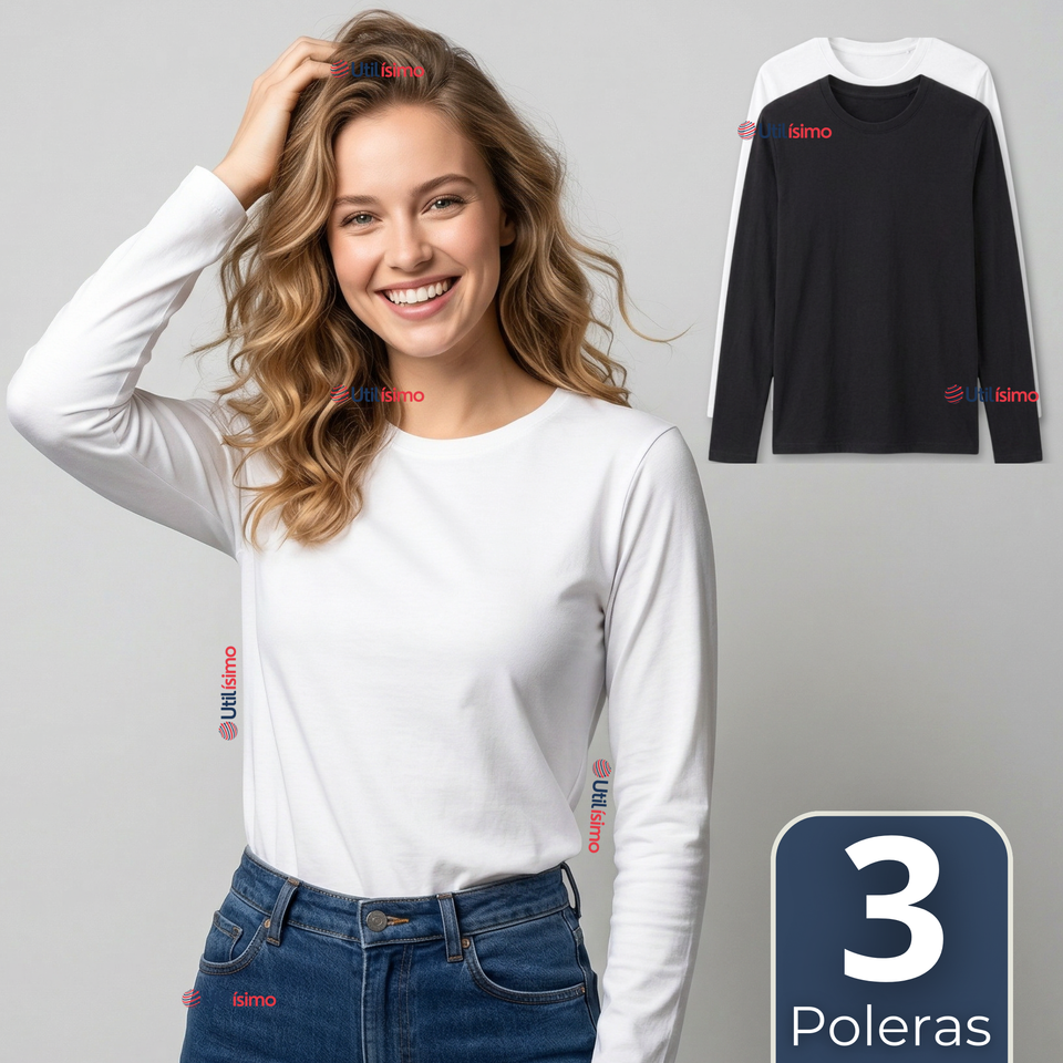 Pack 3 Camisetas Poleras Polar Primera Capa Manga Larga Colores Surtidos Mujer