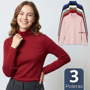Pack 3 Camisetas Poleras Bambú Primera Capa Cuello Beatle Manga Larga Colores Surtidos Mujer
