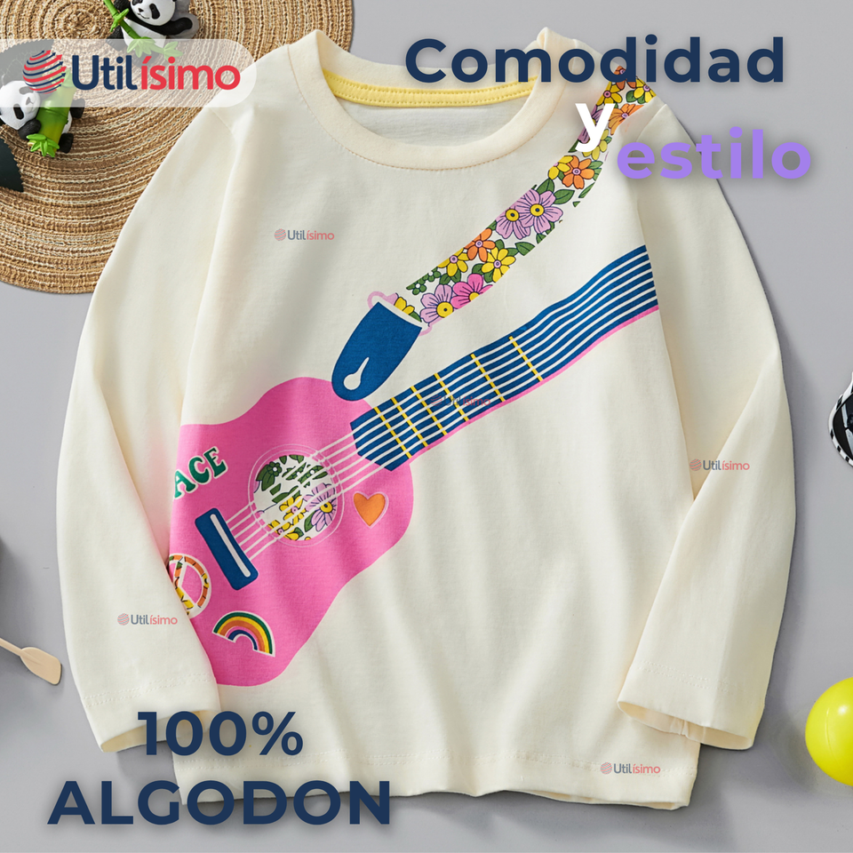 Polera Manga Larga Niña 100% Algodón Guitarra Blanco Camiseta
