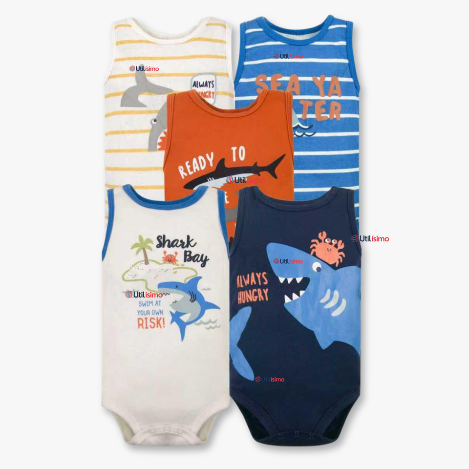 Pack 5 Bodys Niño Sin Manga Tedmimak 100% Algodón Baby shark