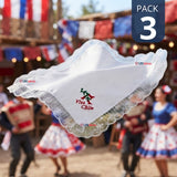 Pack 3 Pañuelos Cueca Bordado Viva Chile Con Encaje 44x44cm