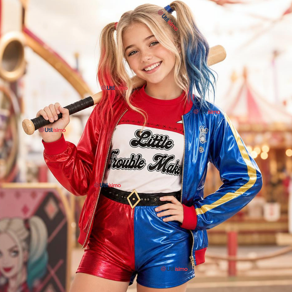 Disfraz Harley Quinn Azul y Rojo Metalizado Cosplay Juvenil