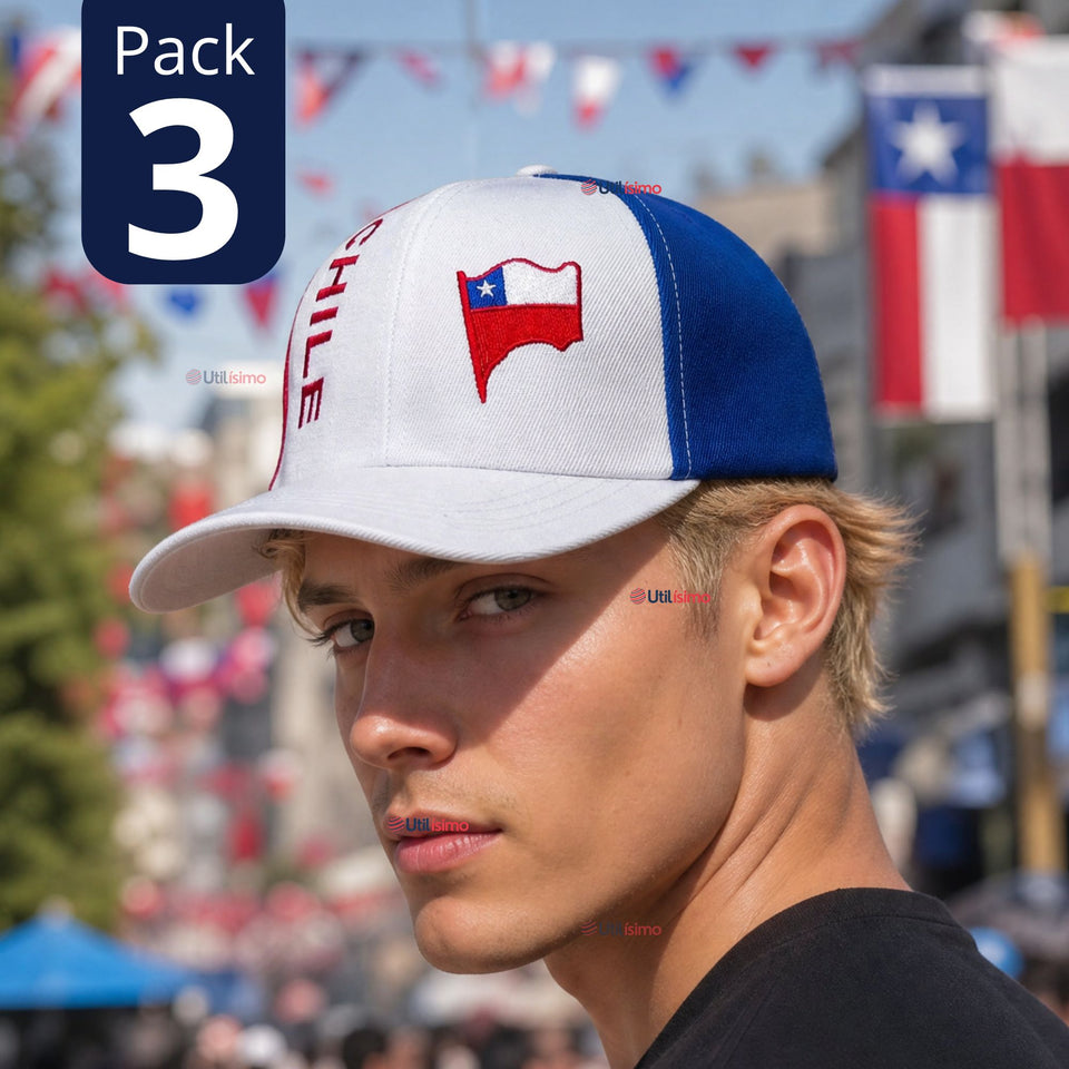 Pack 3 Jockey Gorro Hombre Bandera De Chile Bordado Tricolor