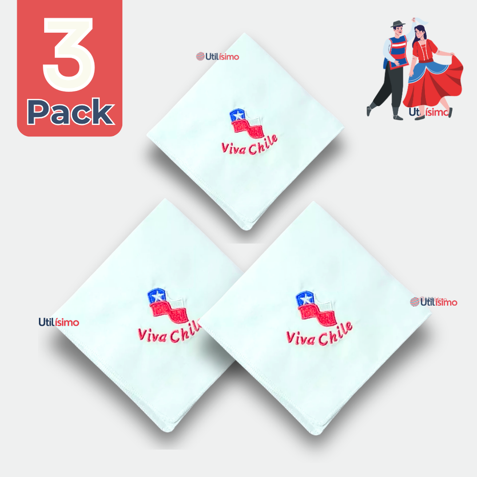 Pack 3 Pañuelos Baile Cueca 36 CM Bordado Viva Chile Baile Fiestas Patrias