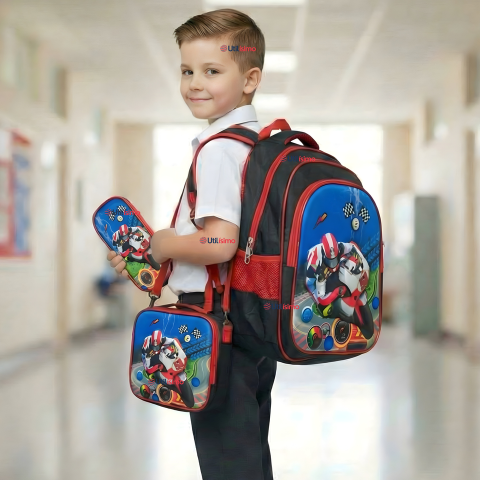 Mochila Escolar Con Ruedas Desmontables Diseño 3D + Estuche + Lonchera Niño Poliéster Motorcycle