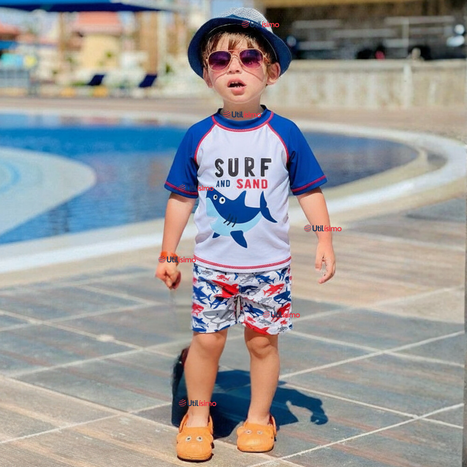 Traje de Baño Manga Corta Pantalón Corto 2 Piezas Corte Split Niño 2 a 4 años Blue Azul