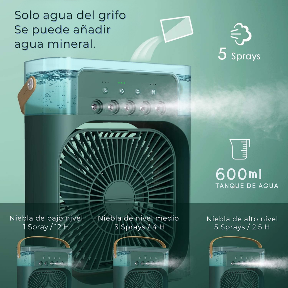 Climatizador Portátil Frío 4 en 1 Ventilador Humificador Enfriador Lampara LED 220v USB Verde