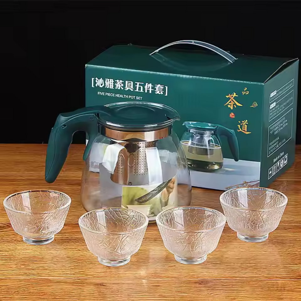 Set Tetera De Vidrio Infusión Té Con Filtro Acero Incluye 4 Tazas