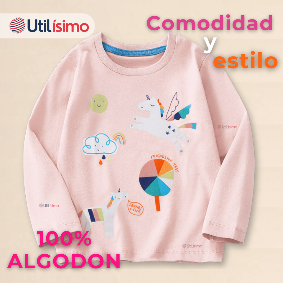 Polera Manga Larga Niña 100% Algodón Dinosauro Unicornio Rosado Camiseta
