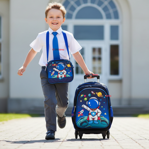 Mochila Escolar Con Ruedas + Estuche + Lonchera Poliéster Astronauta Niño
