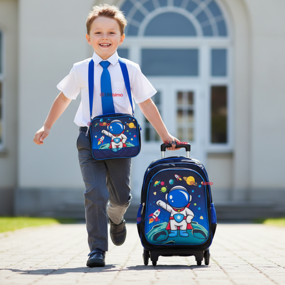 Mochila Escolar Con Ruedas + Estuche + Lonchera Poliéster Astronauta Niño