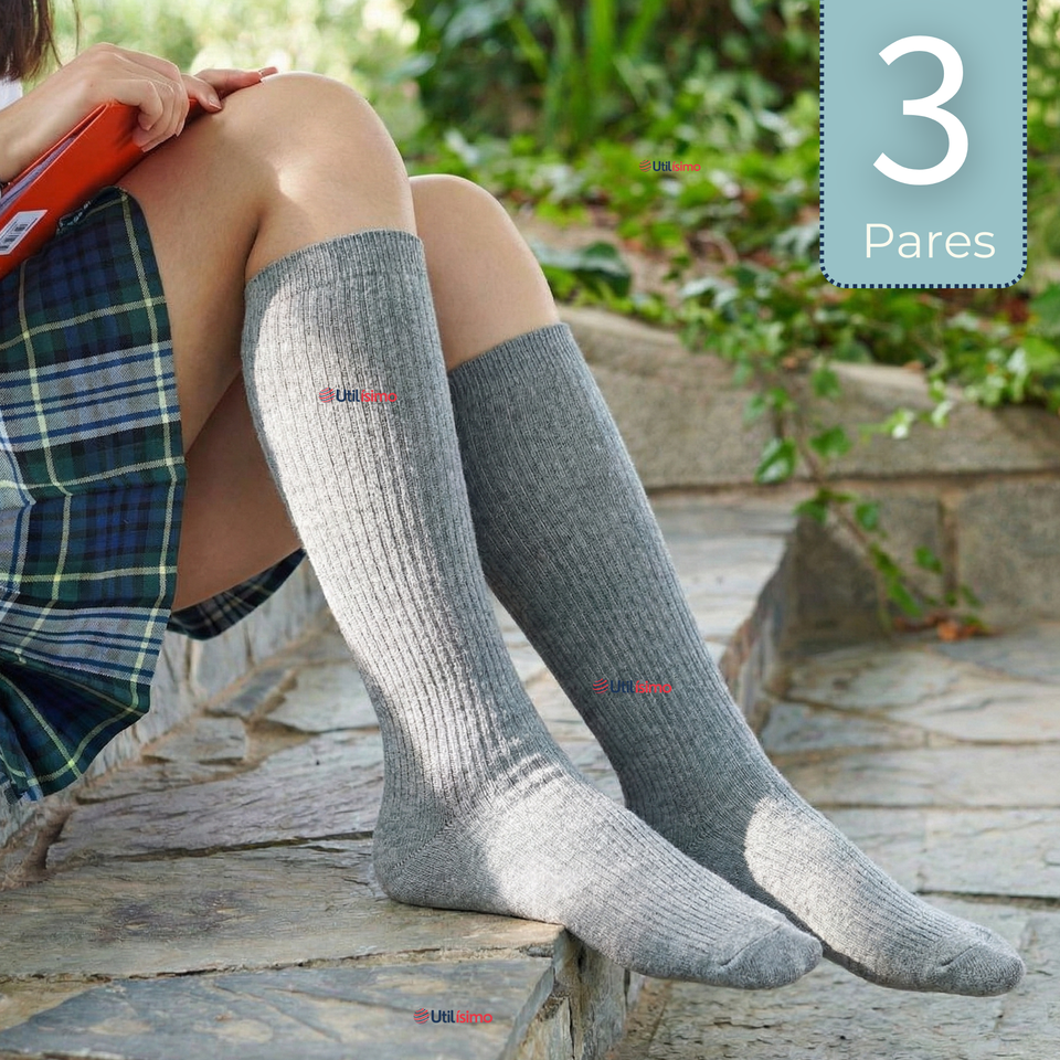 Pack 3 Calcetínes Escolares Largo Acrílico Gris Niñas