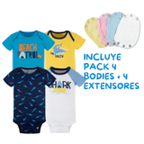Pack 4 Unidades Extensor Body Bebé +Pack 4 Bodys Algodón Niño Manga Corta Tiburón Azul