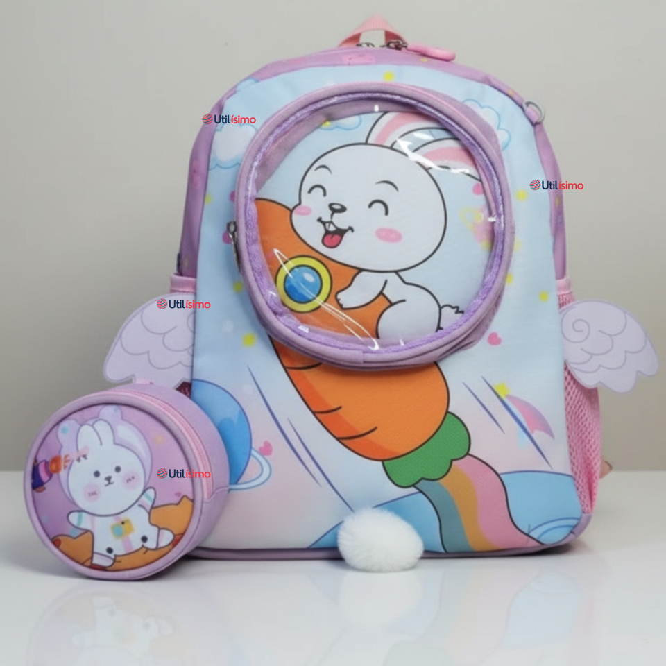 Mochila Escolar Con Estuche 33cm Poliéster Impermeable Conejita Niña