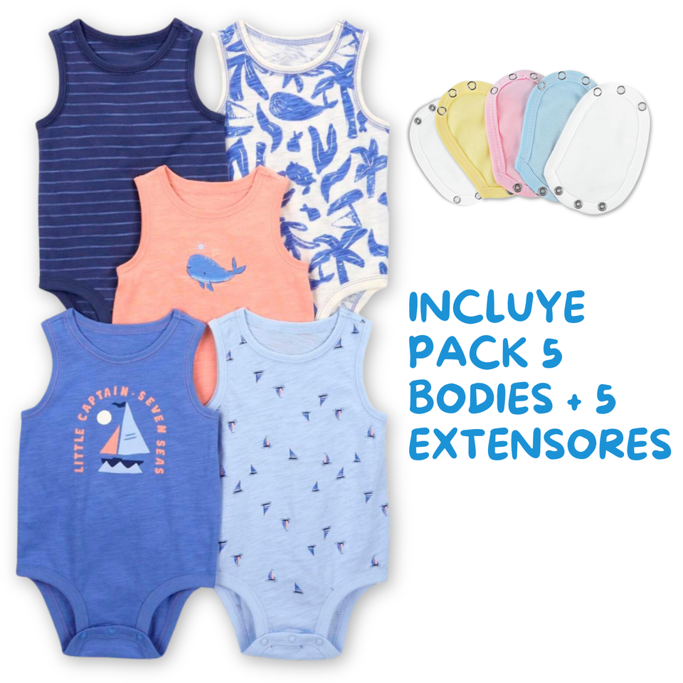 Pack 5 Unidades Extensor Body Bebé +Pack 5 Bodys Algodón Niño Sin Mangas Azul Marinero