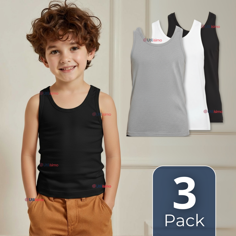 Pack 3 Camisetas Sin Manga Básica Suave 100% Algodón Colores Surtidos Niño