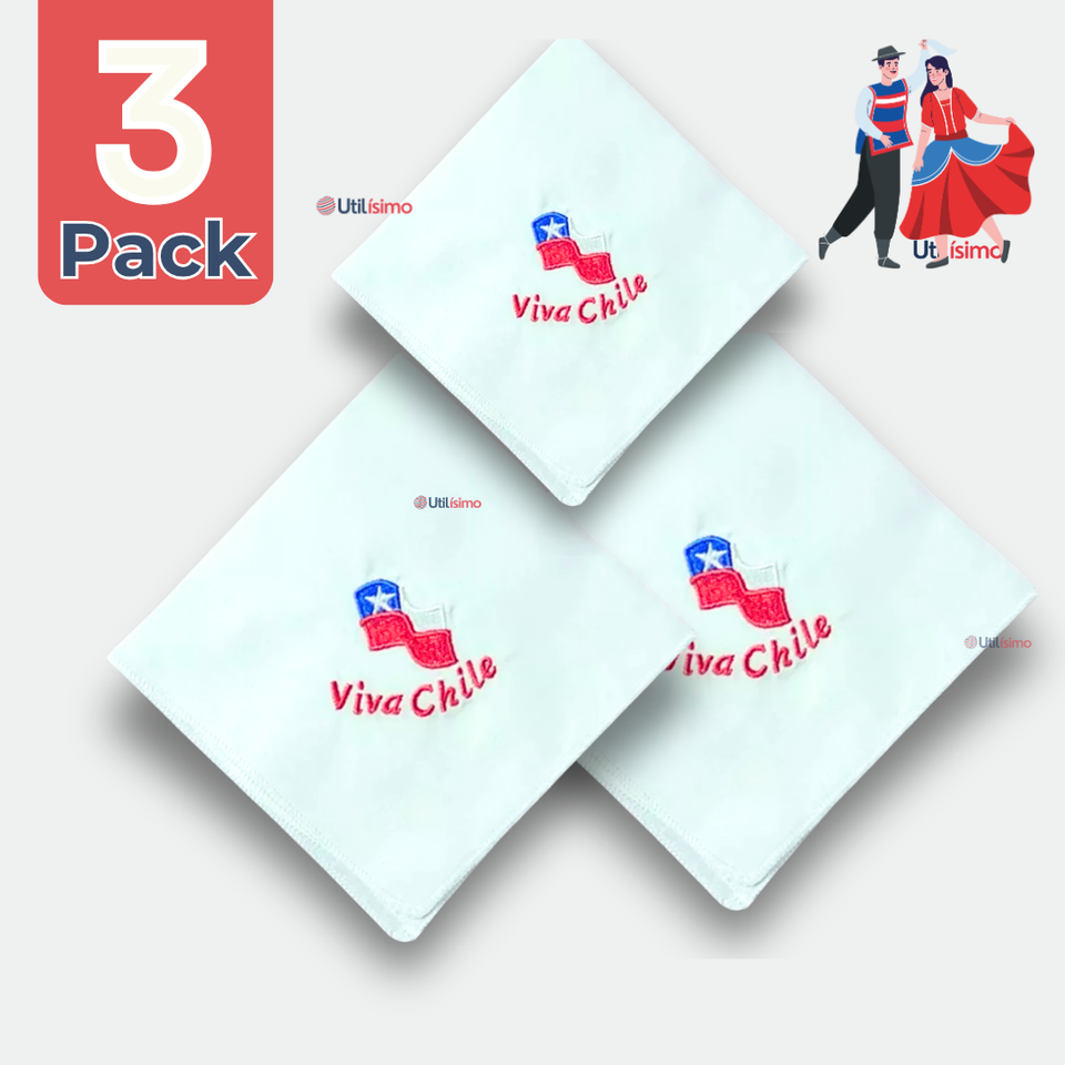 Pack 3 Pañuelos Baile Cueca 45CM Bordado Viva Chile Fiestas Patrias