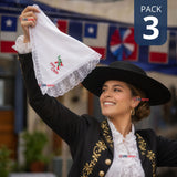 Pack 3 Pañuelos Cueca Bordado Viva Chile Con Encaje 37x37cm